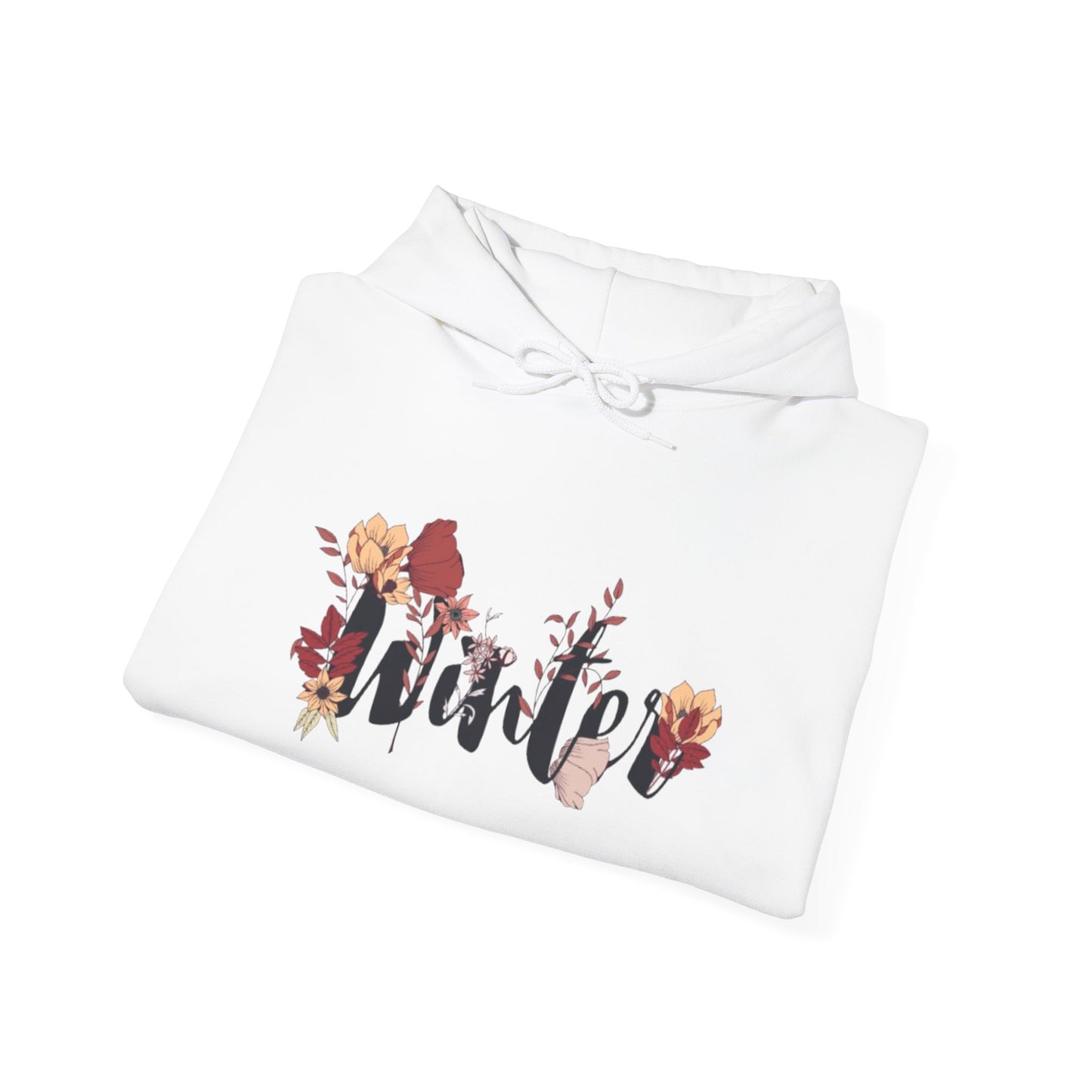 Winter Floral Hoodie — Cozy White Pullover with 'Winter' Script and Botanical Design
