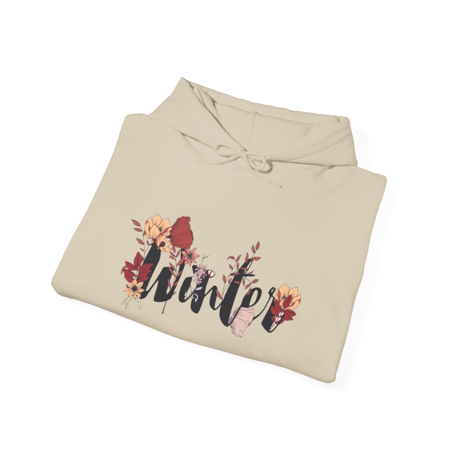Winter Floral Hoodie — Cozy White Pullover with 'Winter' Script and Botanical Design