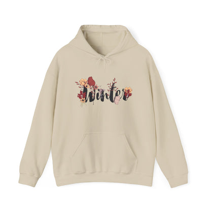 Winter Floral Hoodie — Cozy White Pullover with 'Winter' Script and Botanical Design