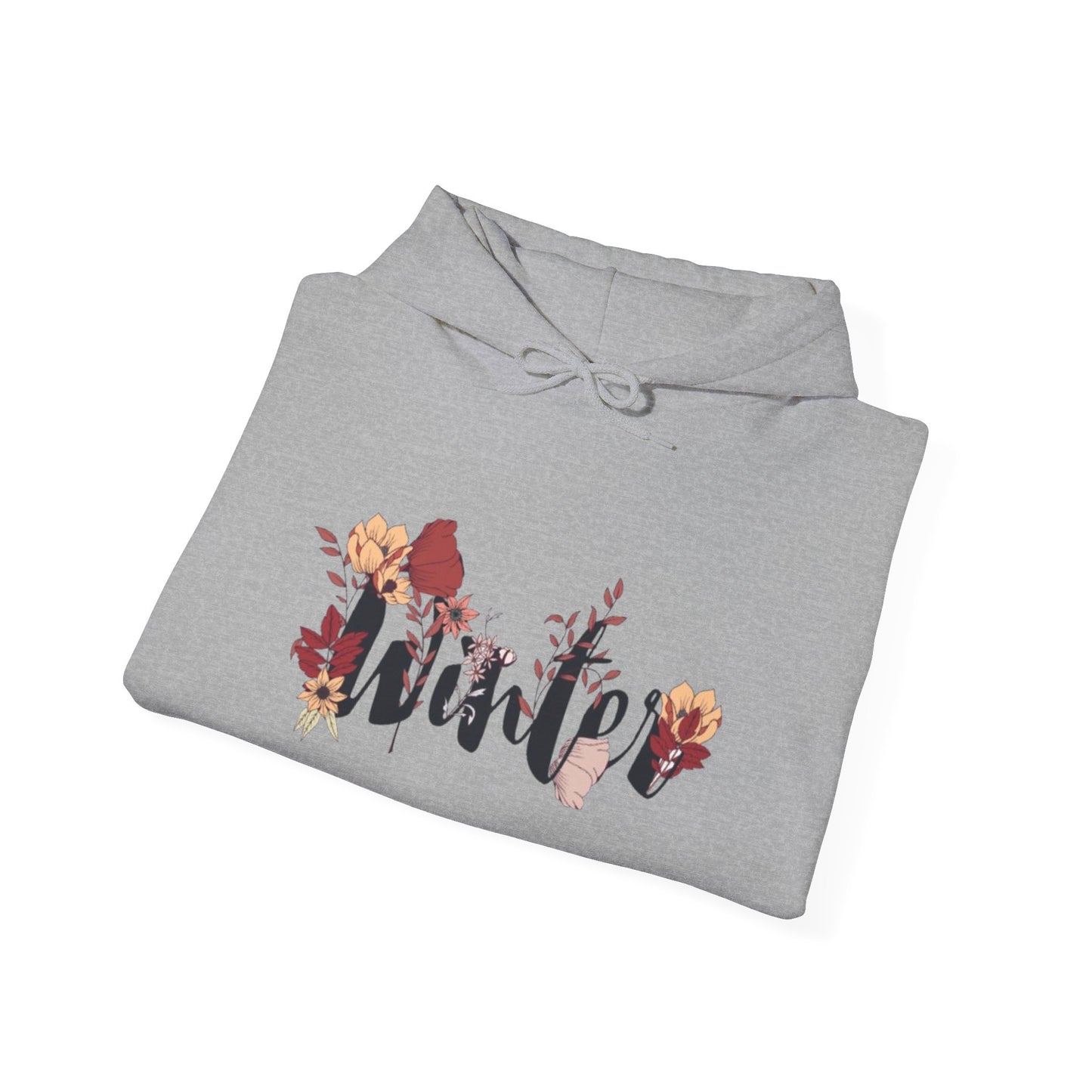 Winter Floral Hoodie — Cozy White Pullover with 'Winter' Script and Botanical Design